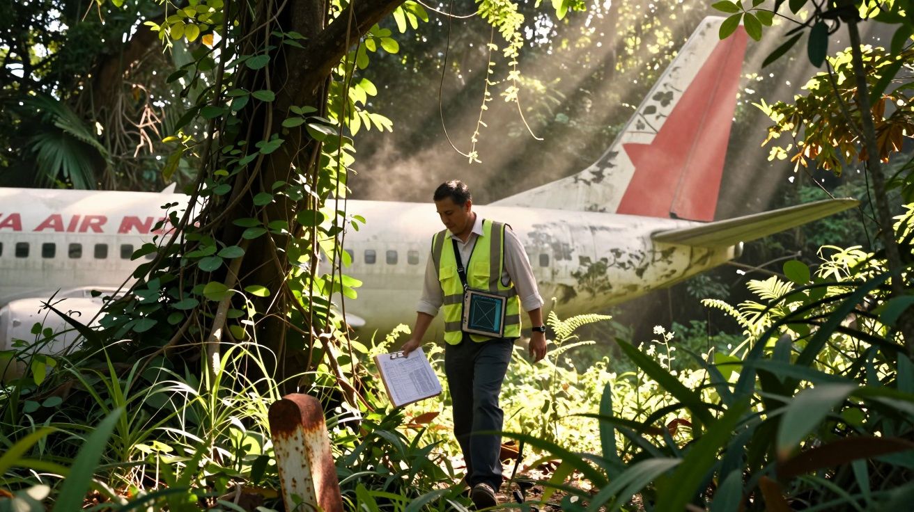Bărbat în vestă reflectorizantă inspectând avion vechi, abandonat în pădure, înconjurat de vegetație densă.