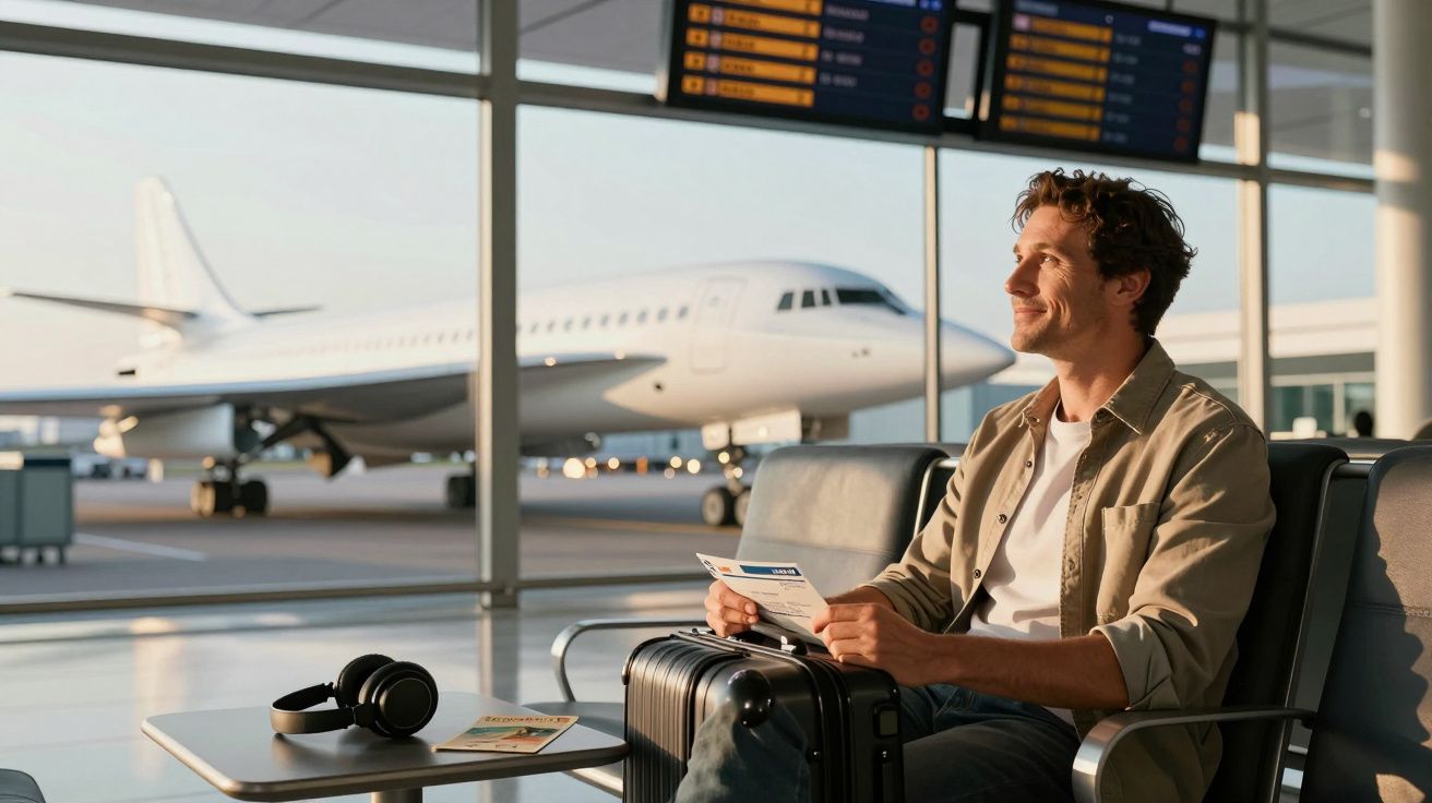 Bărbat așteptând într-un aeroport, ținând un bilet, cu un avion alb în fundal.