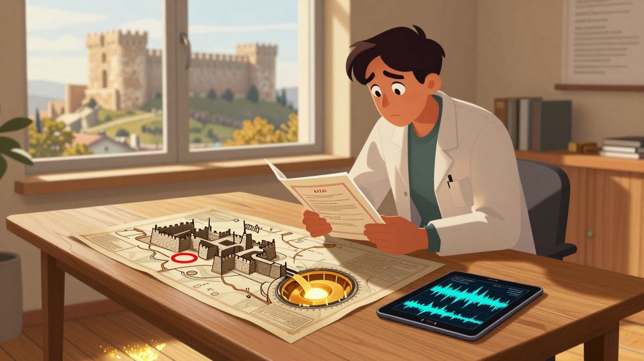 Bărbat în halat alb studiază un plan al unei cetăți medievale la masă, cu un castel văzut prin fereastră.