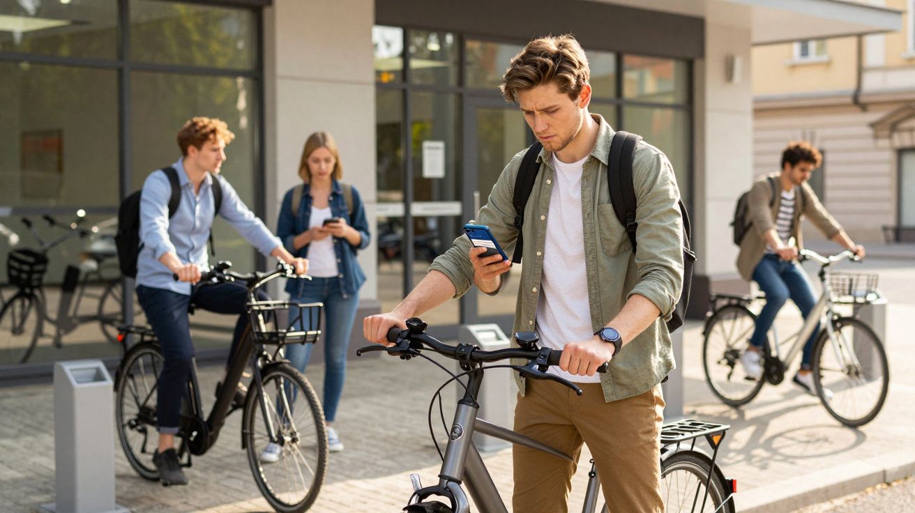 Tineri cu biciclete în fața unei clădiri, unul dintre ei uitându-se la telefonul mobil.
