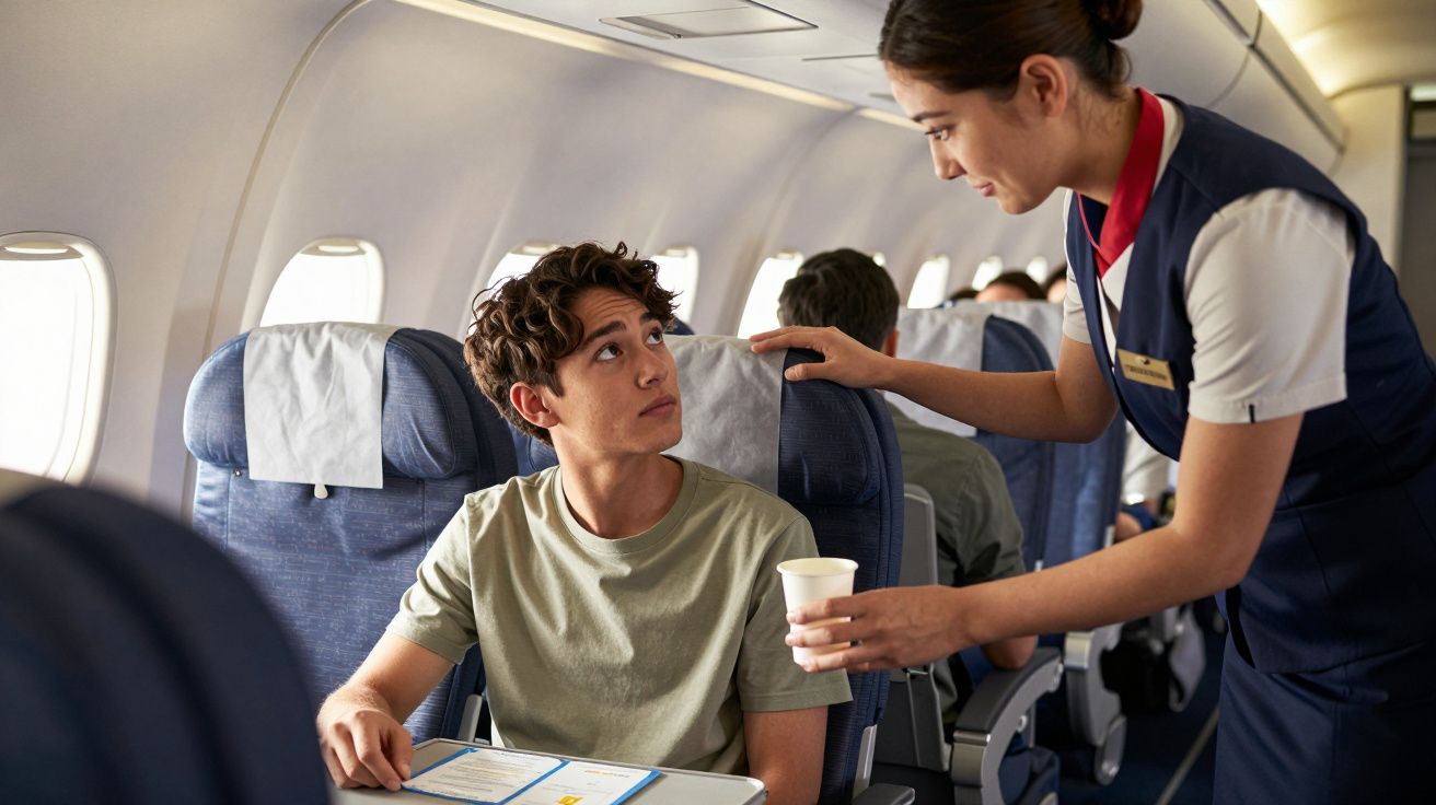Băiat tânăr primește o băutură de la o însoțitoare de bord într-un avion cu scaune albastre.