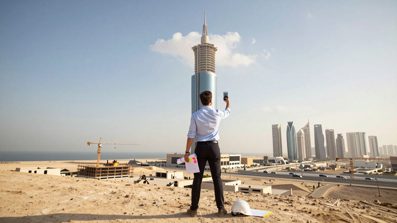 Bărbat privind un zgârie-nori modern, ținând documente și telefon pe un teren de construcție în deșert.