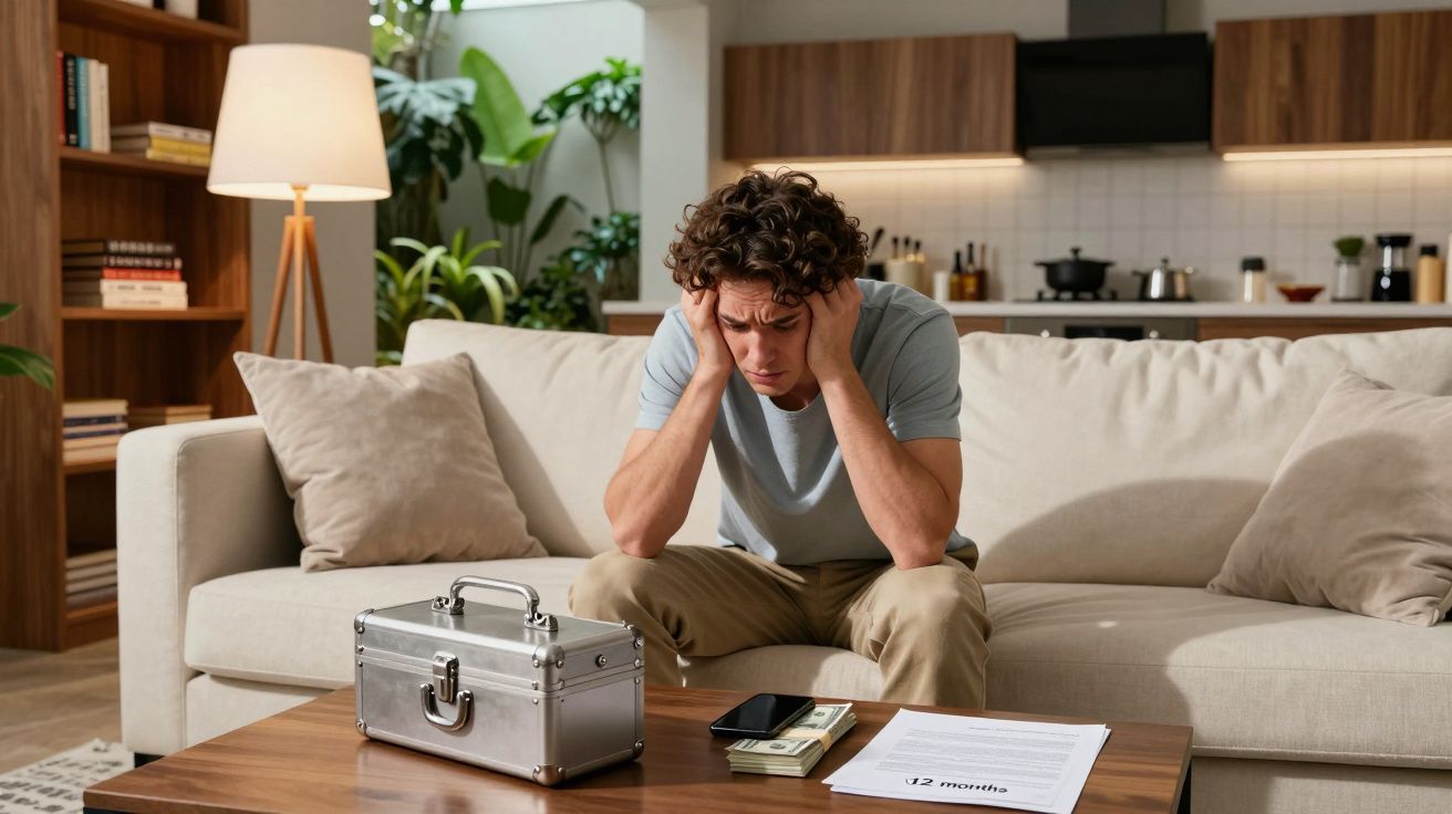 Bărbat îngrijorat stând pe canapea, privind bani, telefon și document cu rată lunară pe masa din față.
