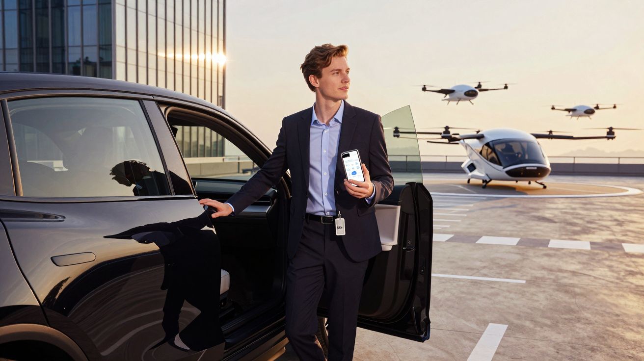 Bărbat în costum deschide ușa mașinii și ține un telefon, cu drone de transport în fundal pe heliport urban.