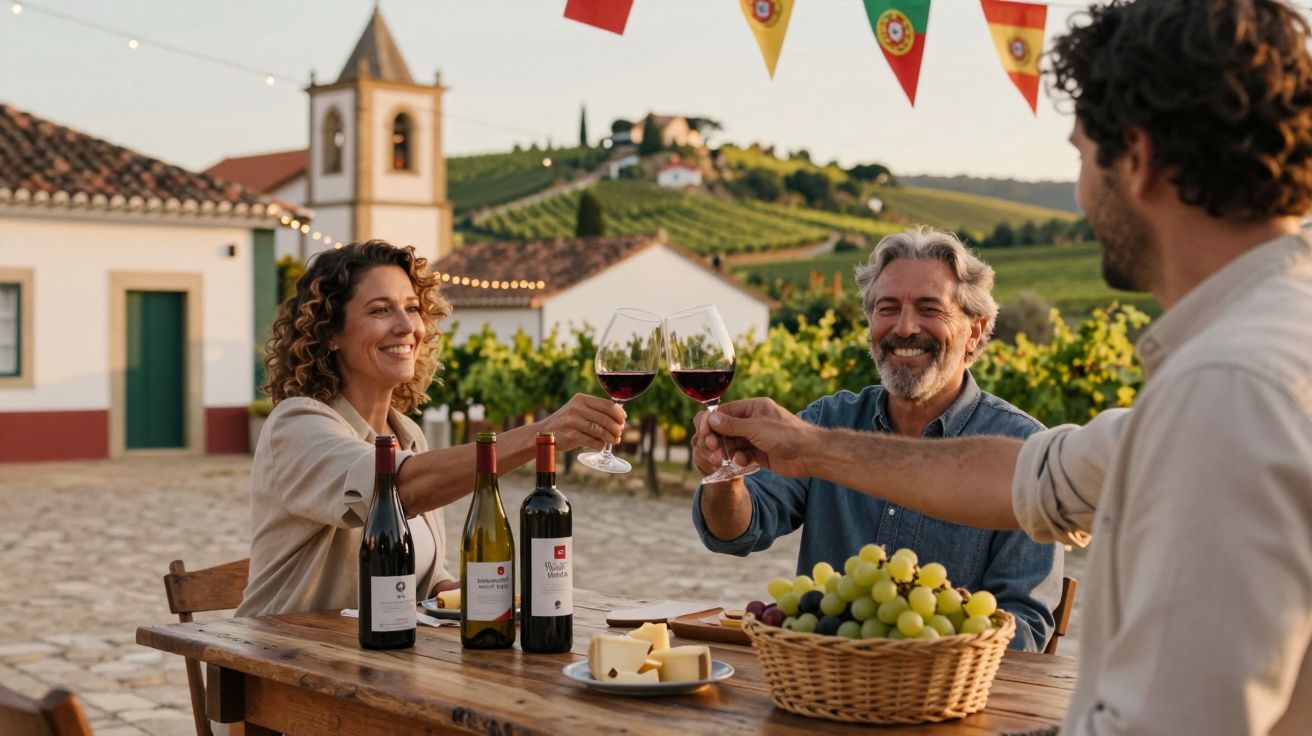 Trei persoane ciocnesc pahare de vin roșu la o masă în aer liber, cu viță de vie și clădiri în fundal.