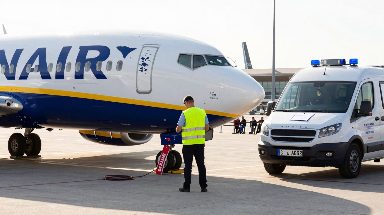 Un lucrător aeroportuar în vestă reflectorizantă stă lângă un avion Ryanair și o dubă de serviciu pe pistă.