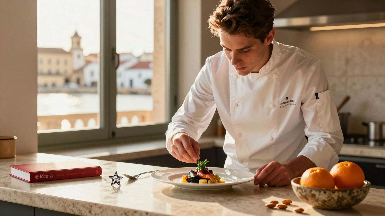 Bucătar tânăr aranjând cu atenție un preparat gourmet pe farfurie într-o bucătărie iluminată natural.