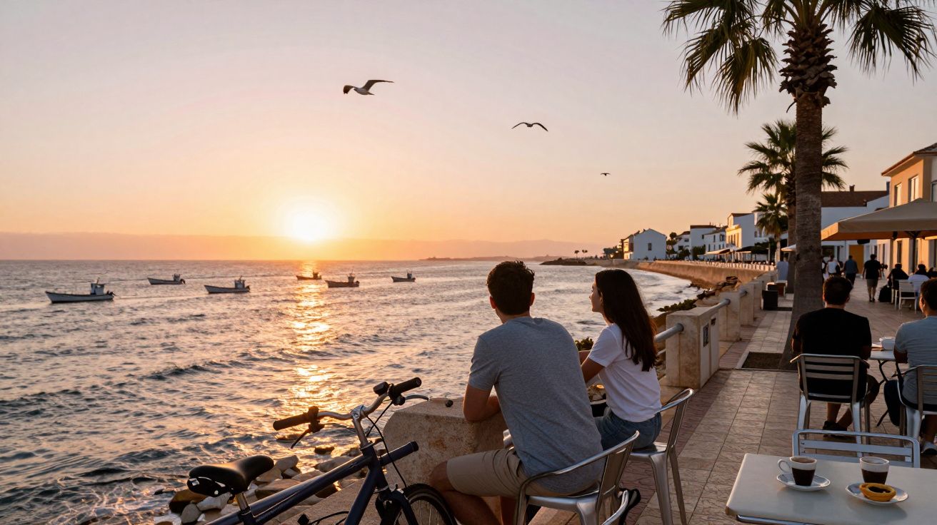 Cuplu privindu-și apusul peste mare pe terasa de lângă faleză, bicicletă și pescăruși zburând.