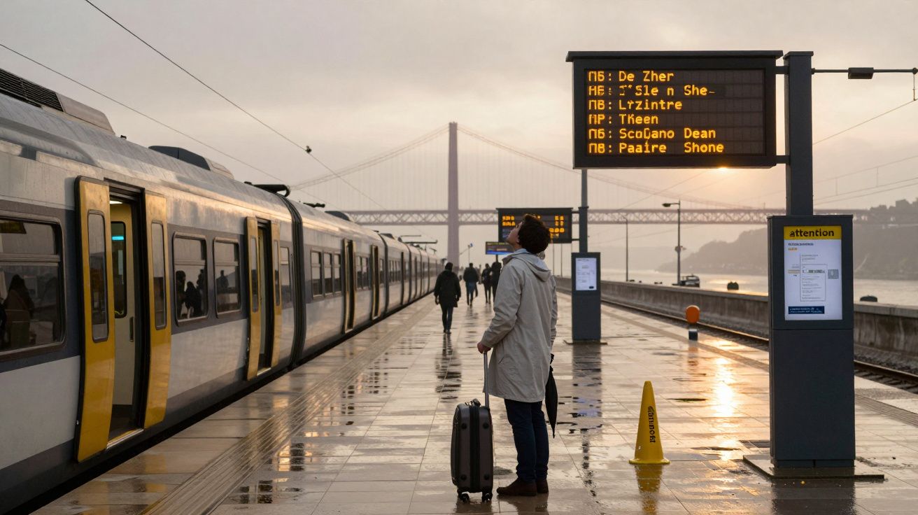 O persoană cu geacă și bagaj stă pe o platformă de cale ferată umedă la apus, cu trenul oprit și un pod în fundal.