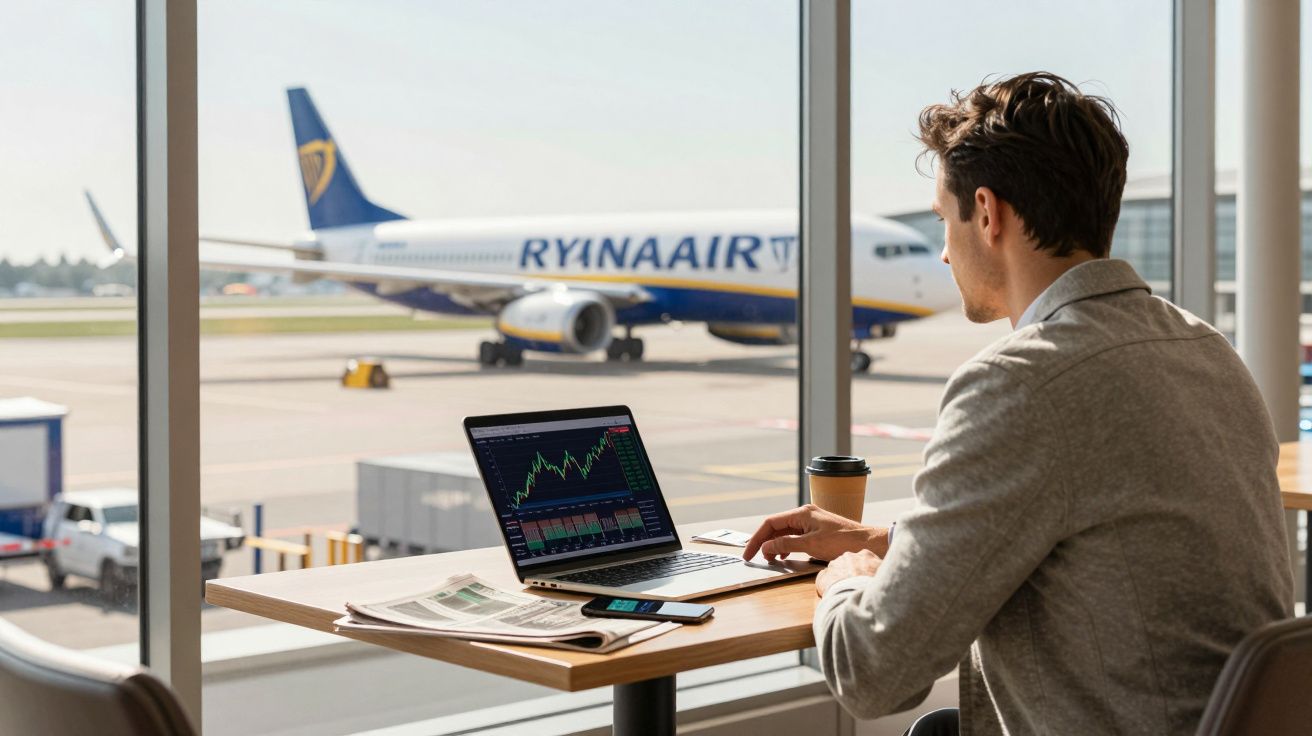 Bărbat cu laptop, cafea și ziar, lucrând într-un lounge aeroportuin fața avionului Ryanair la geam.
