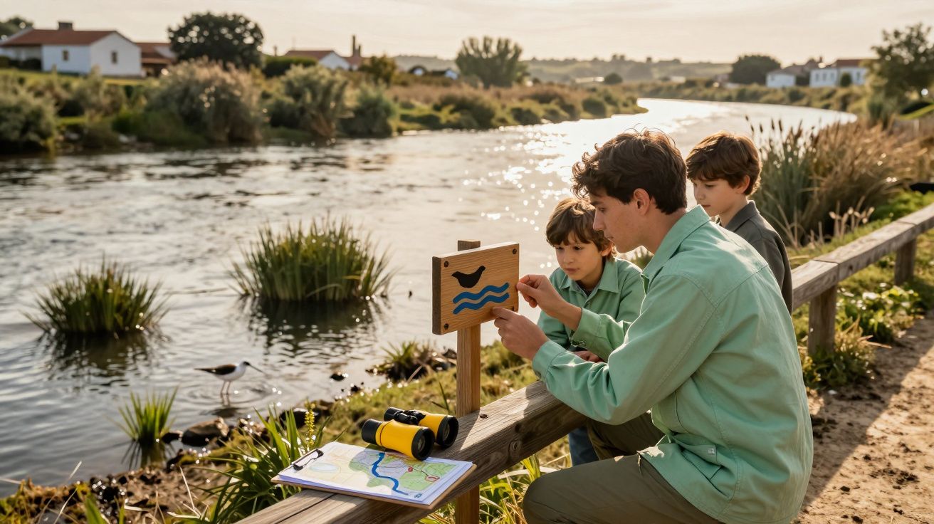 Bărbat și doi copii la malul râului studiază un panou informativ despre păsări și peisaj natural.