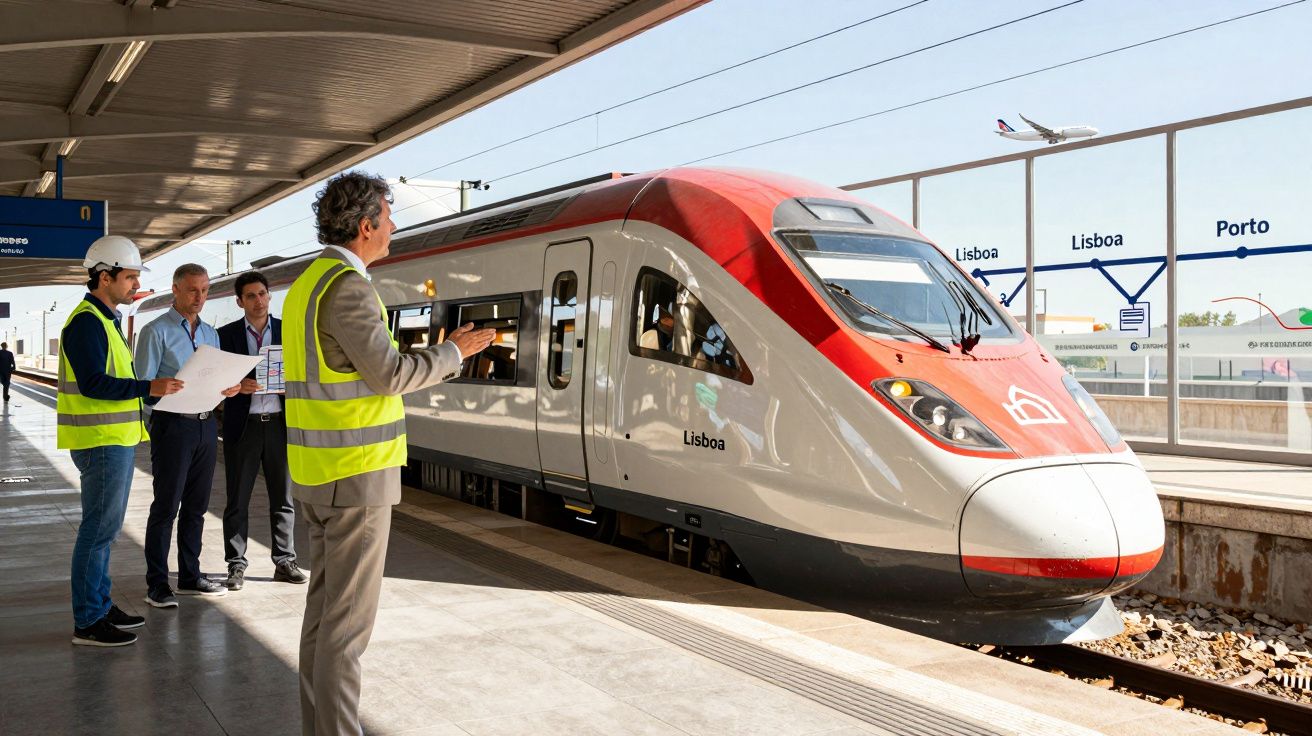 Un tren modern de mare viteză oprit în gară, cu patru bărbați în vestă reflectorizantă pe peron.
