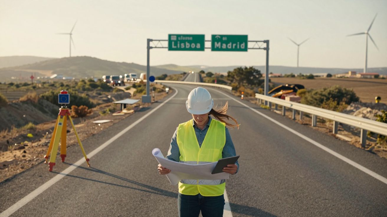 Ingineră în vestă reflectorizantă și cască albă verifică planuri pe drum cu indicatoare spre Lisabona și Madrid.