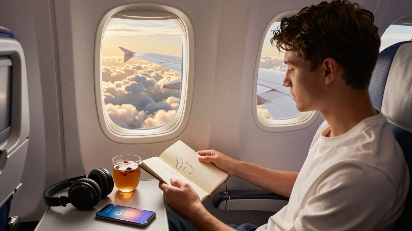 Bărbat citind o carte în avion, cu cești, pahar cu băutură și telefon pe masă, priveliște cu nori pe fereastră.