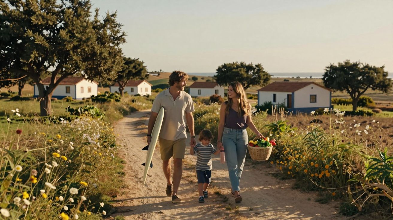 Familie plimbându-se pe un drum rural cu caiet de surf și coș cu legume lângă căsuțe albe și copaci.