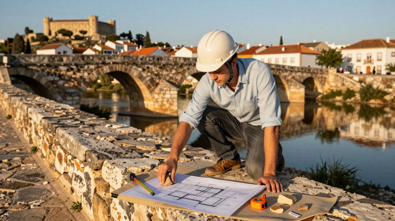 Inginer cu cască albă analizează planuri pe pod de piatră lângă râu, cu clădiri și castel în fundal.