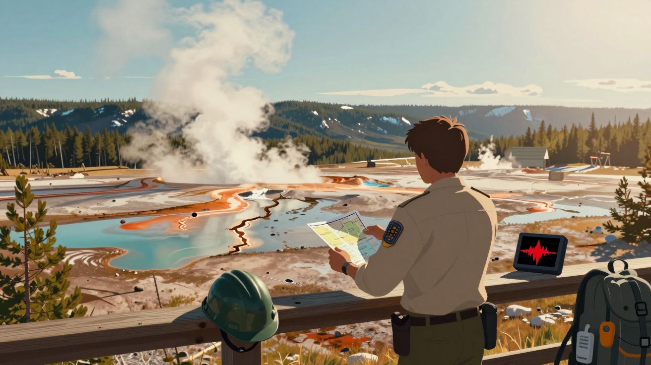 Un ranger cu o hartă în mână examinează un peisaj cu izvoare termale și aburi în natură.
