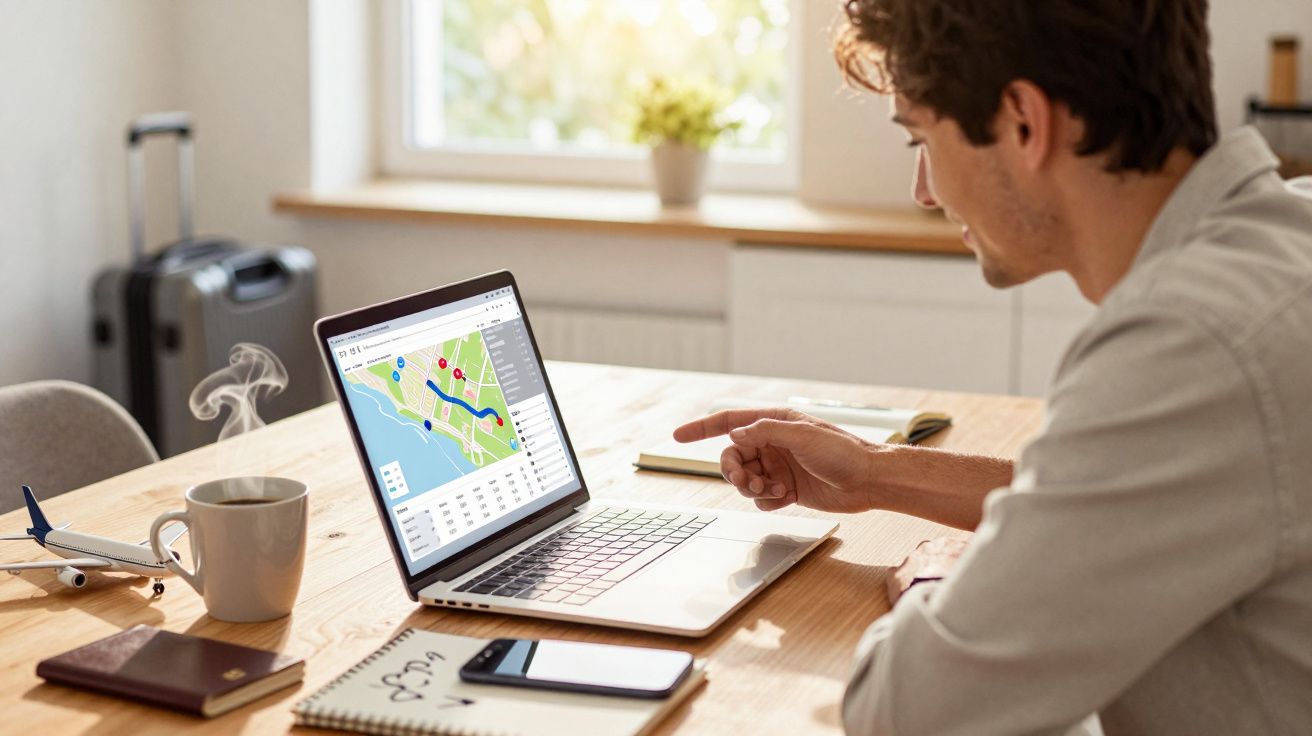 Bărbat planificând o călătorie pe laptop, cu hartă și itinerar, lângă o cană de cafea și obiecte de călătorie.