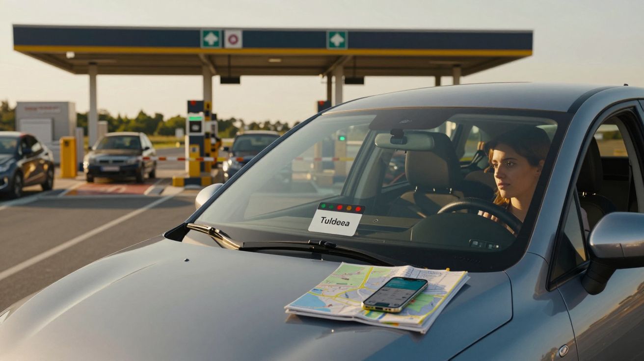 Femeie la volanul unei mașini, la o stație de taxare, cu hartă și telefon pe capotă.