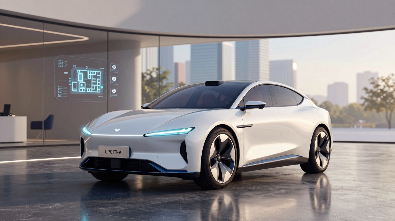 Mașină electrică albă futuristă parcată într-un spațiu interior cu iluminare naturală și afișaj digital lângă ea.