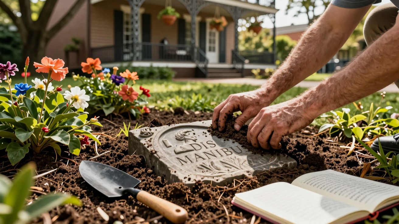 Mâini care acoperă o placă gravată cu pământ, înconjurată de flori colorate într-o grădină.