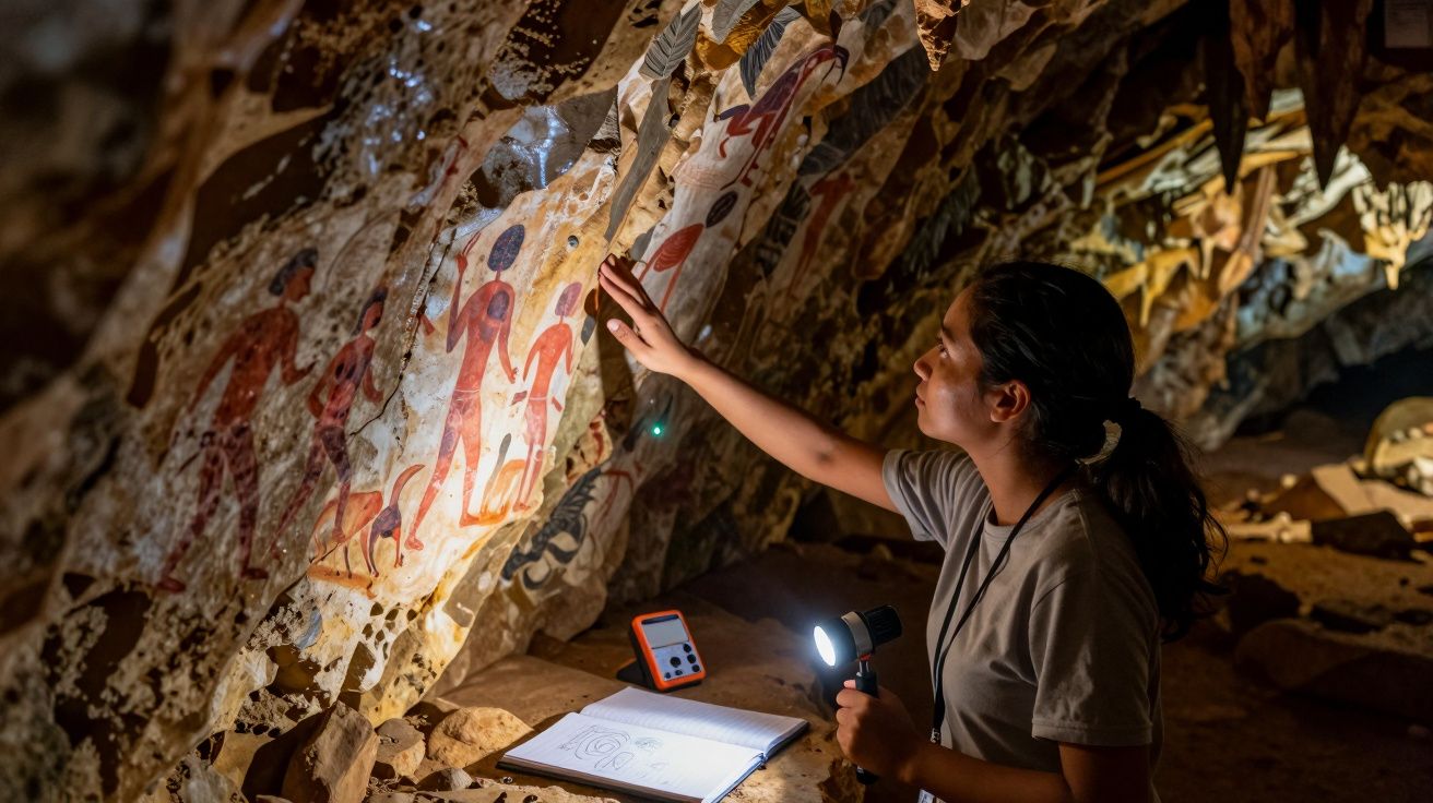 Cercetătoare într-o peșteră iluminând și studiind picturi rupestre preistorice pe pereții stâncoși.