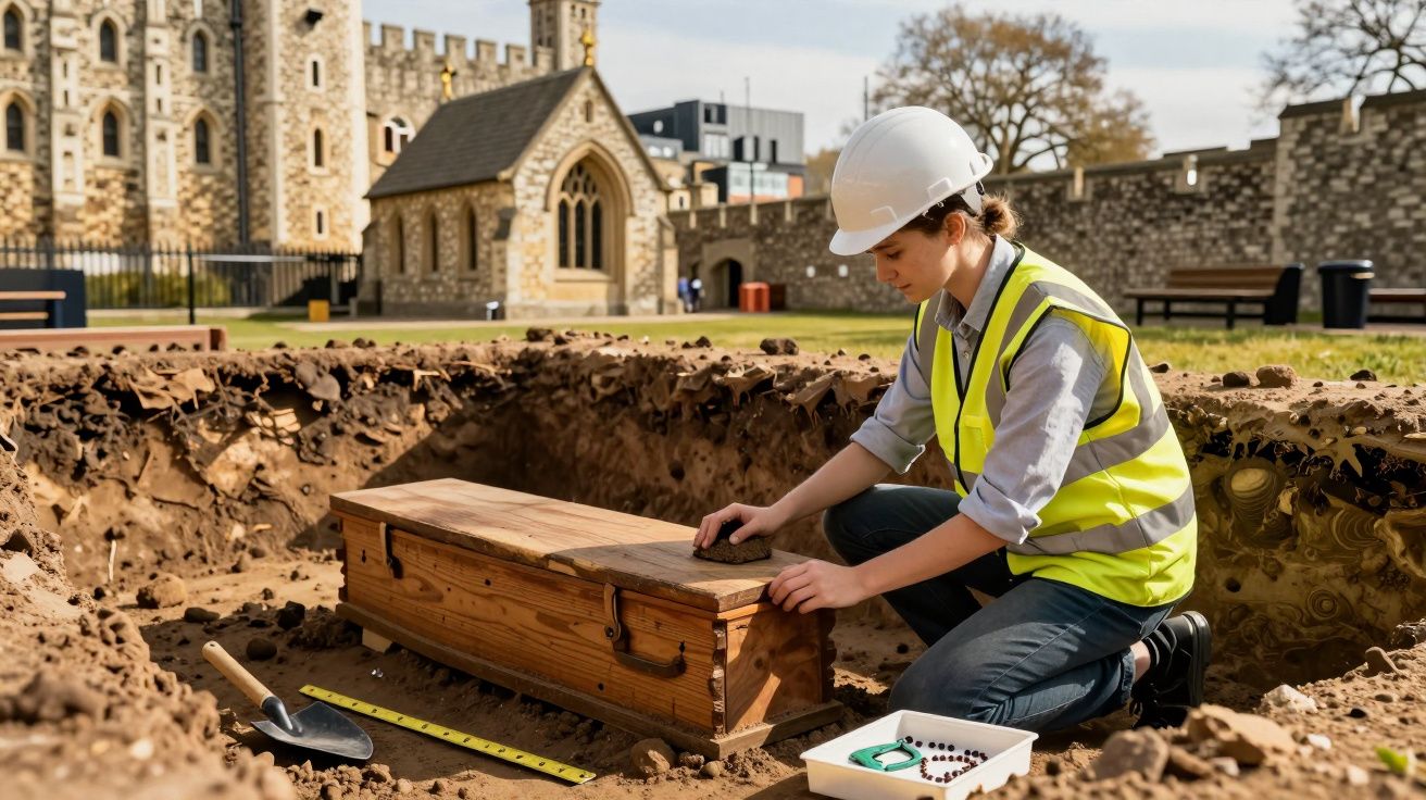 Arheolog femeie cu cască și vestă reflectorizantă cercetează o ladă de lemn într-o groapă de săpătură în exterior.