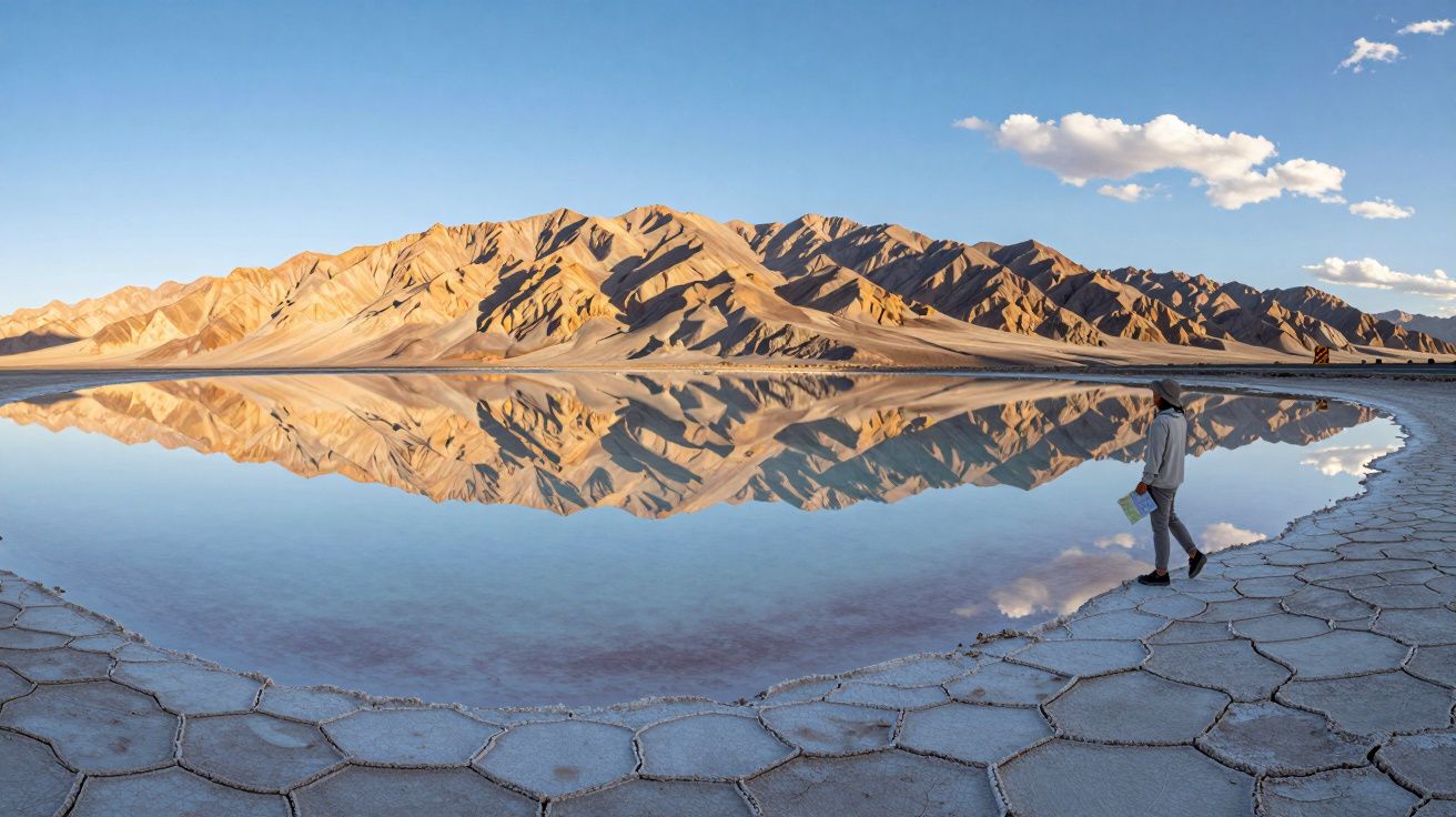Munți colorați reflectați într-un lac liniștit, cu o persoană ce stă pe malul cu sol uscat și crăpat.