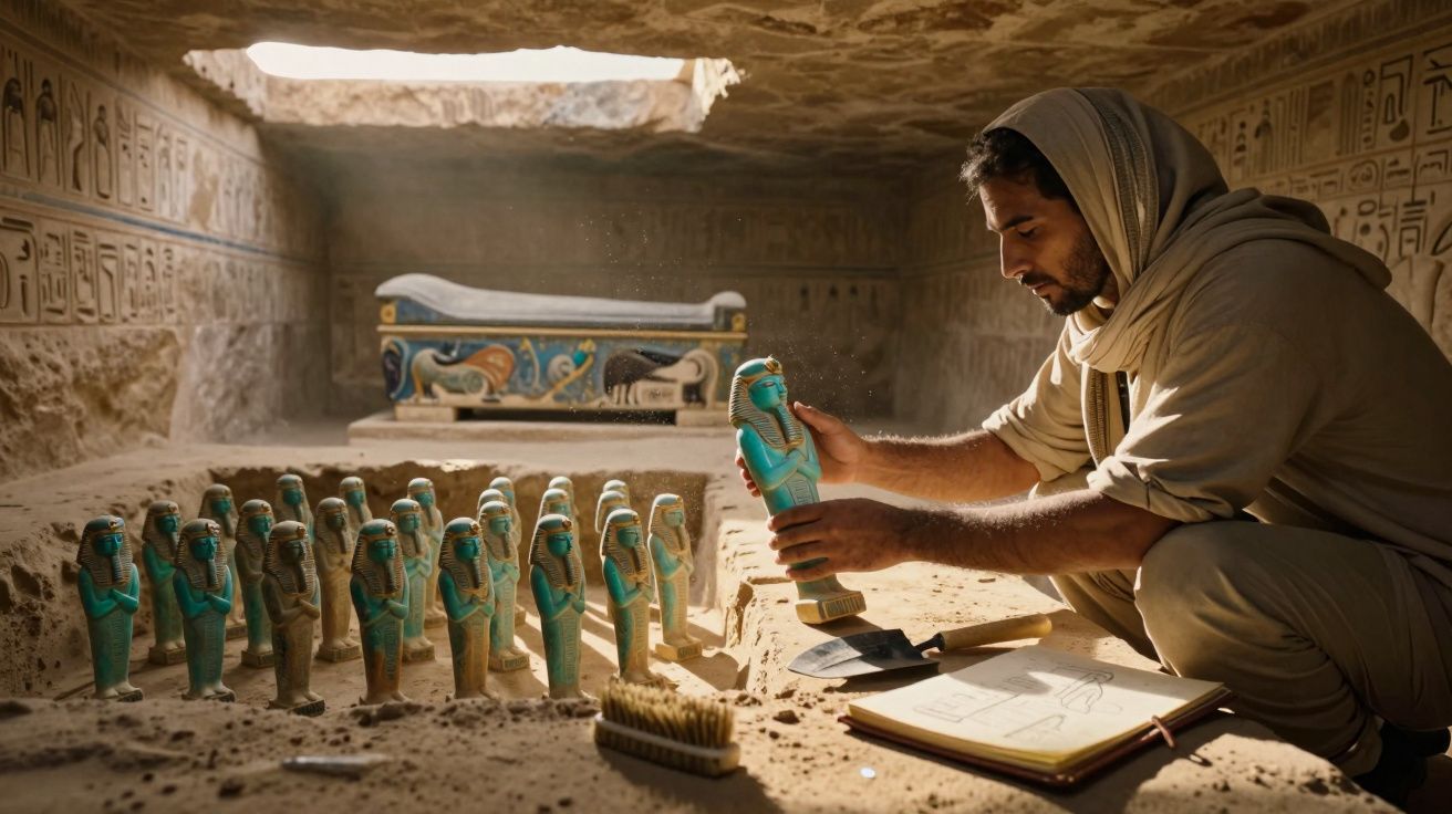 Arheolog în peșteră antică studiază statuete egiptene antice lângă un papirus și un pat decorat.