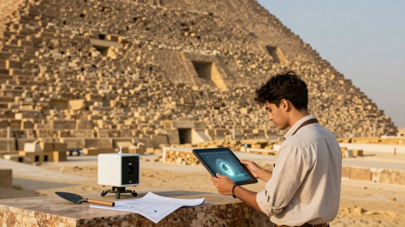 Bărbat cu tabletă digitală lângă piramidă, planuri și un dispozitiv pentru scanarea sitului arheologic.