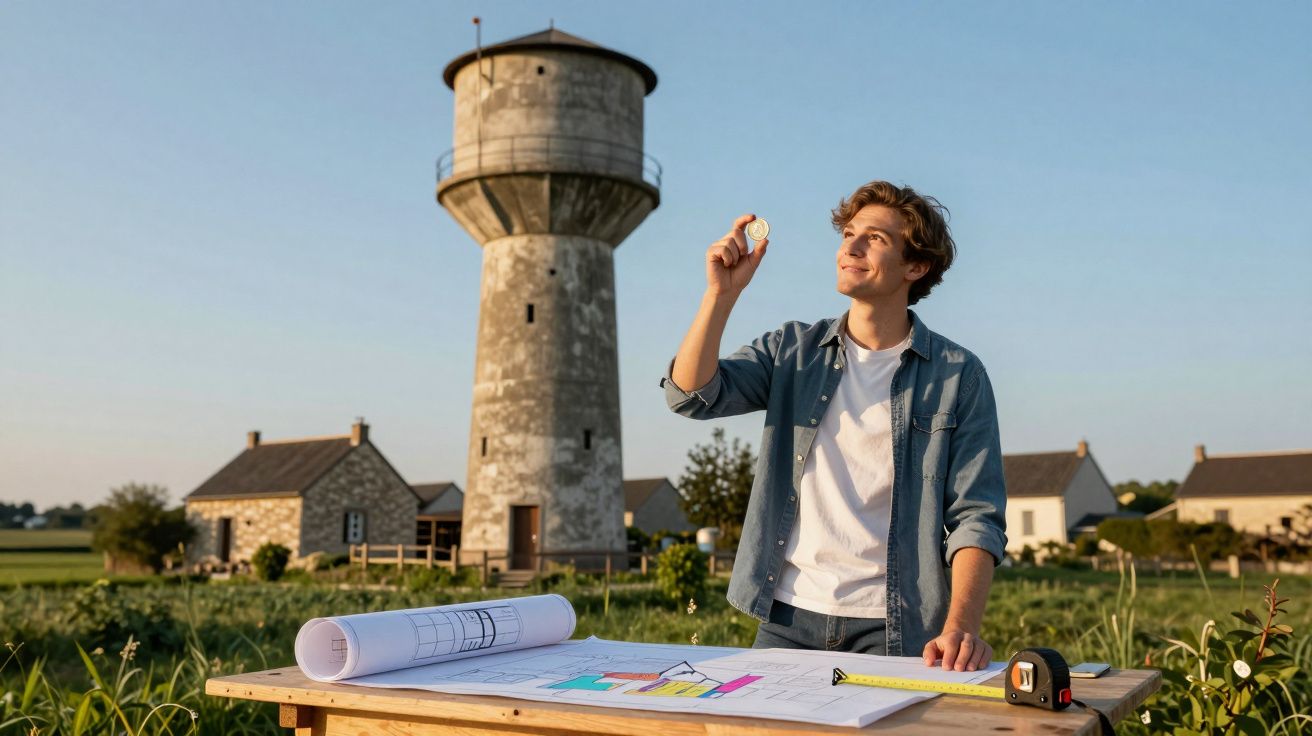 Tânăr arhitect examinează monedă lângă planuri pe masă, cu turn mare și case în fundal rural.