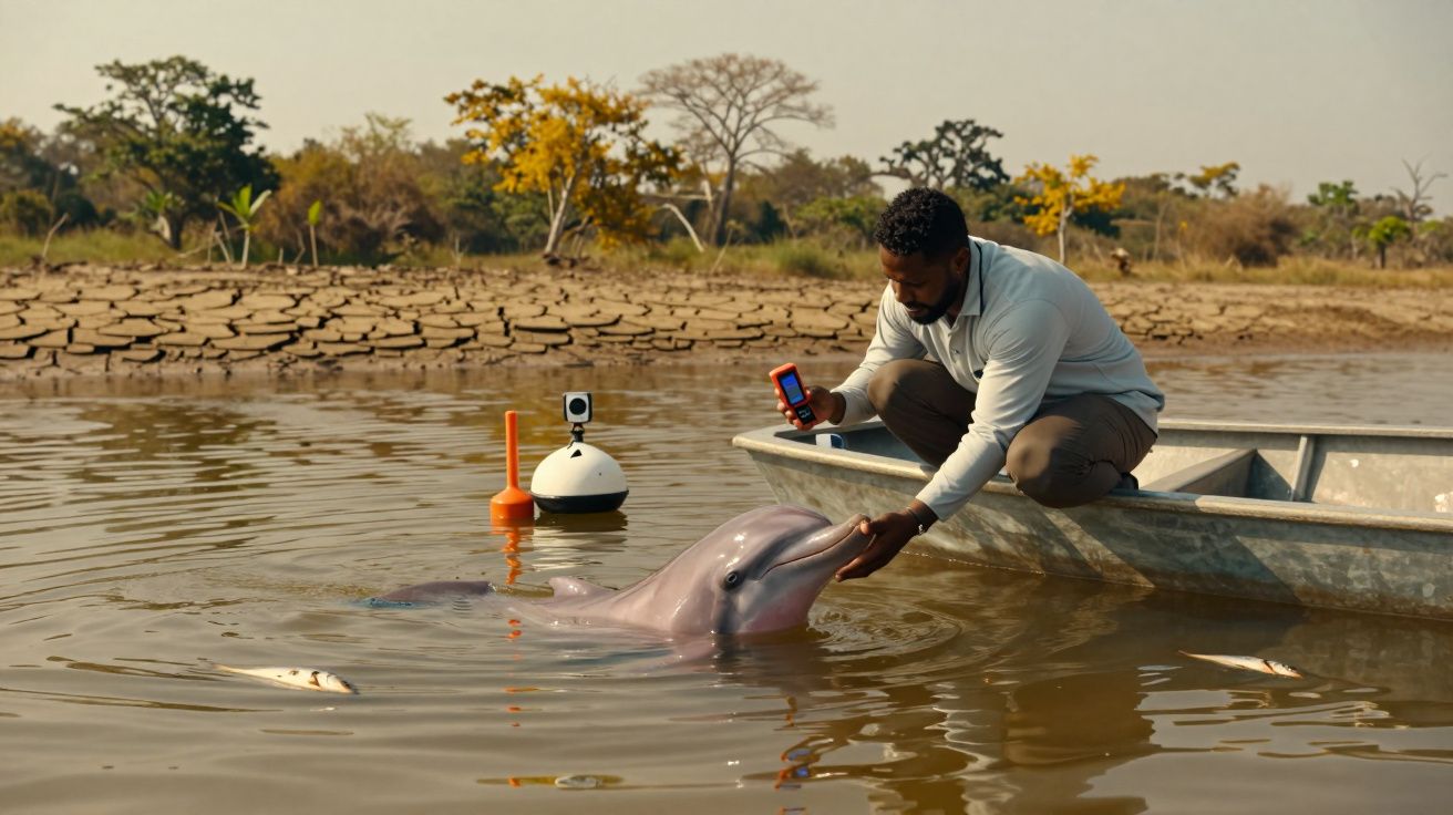 Bărbat într-o barcă mângâind un delfin în apă lângă țărm cu vegetație uscată.