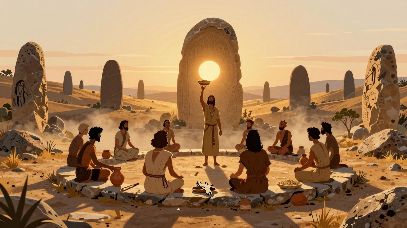 Oamenii anticiștilor adunați într-un cerc de piatră în deșert, cu un bărbat ținând o lampă cu soarele apus.