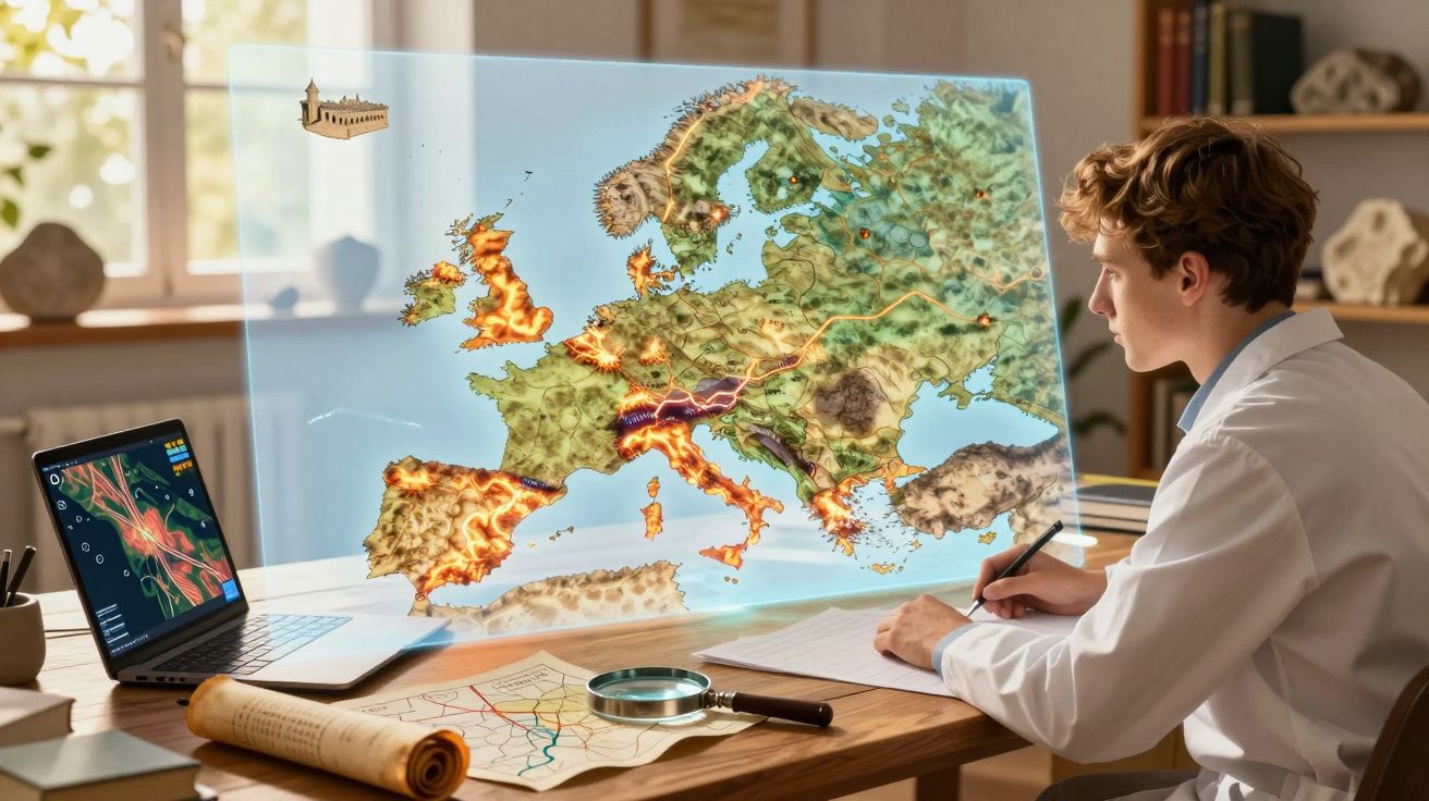 Bărbat tânăr studiază o hartă digitală holografică cu relee vulcanice și trasee montane în Europa.