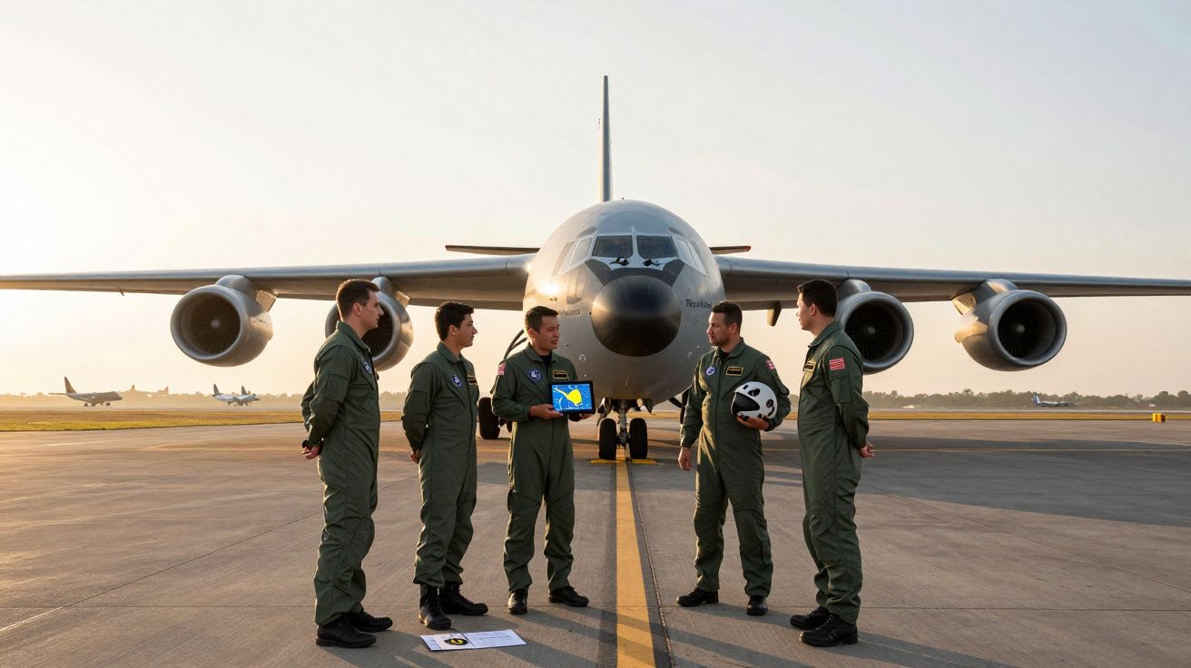 Cinci piloți în combinezoane verzi stau în fața unui avion militar mare pe pistă.