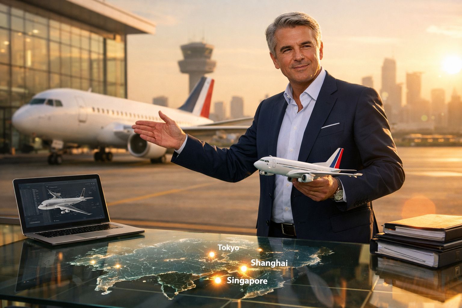 Bărbat de afaceri la aeroport, ținând o machetă de avion, lângă laptop și hartă iluminată cu orașe globale.