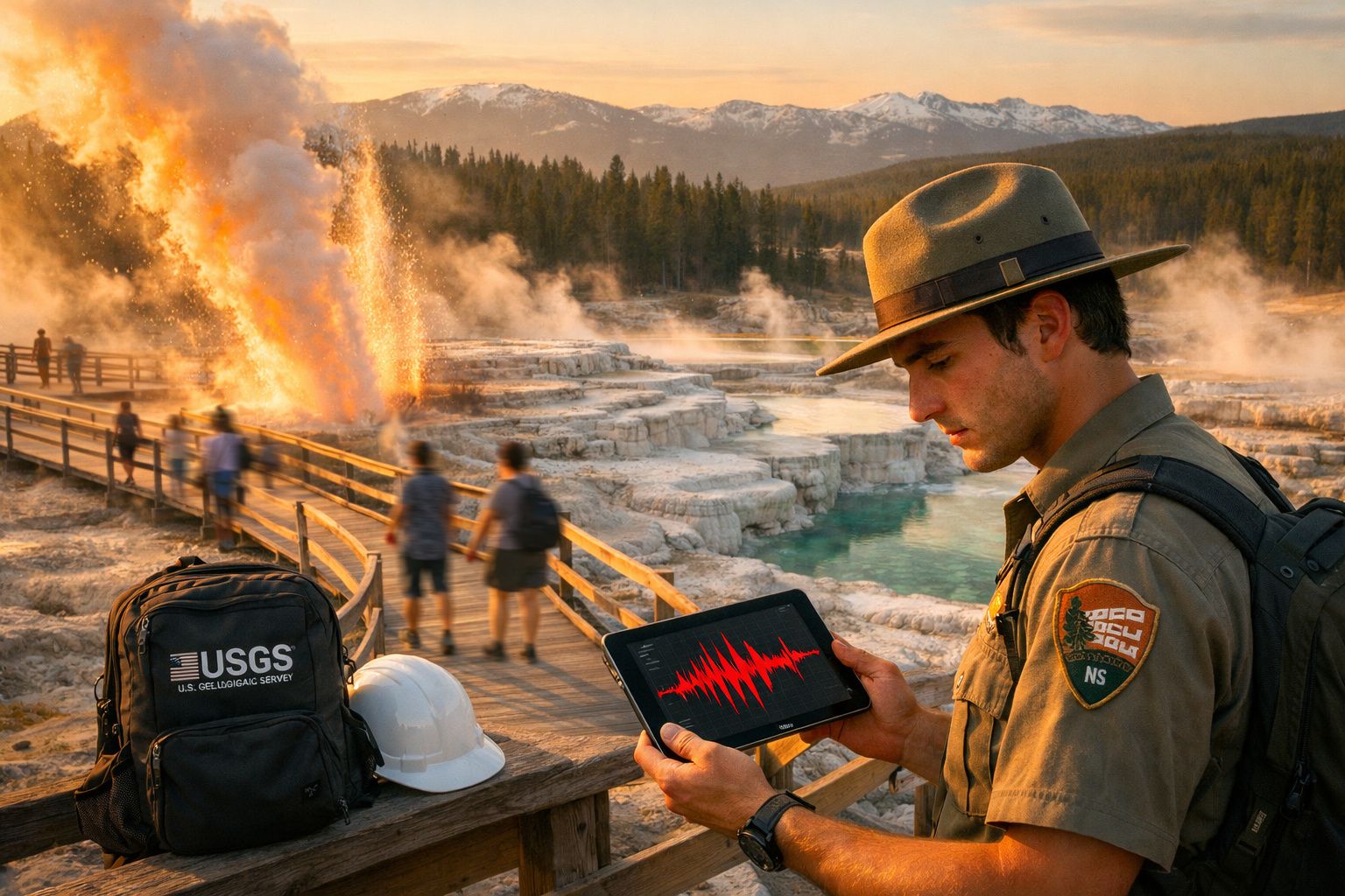 Ranger park national monitorizând activitatea geotermală la un gheizer în eruptie, cu munți în fundal.